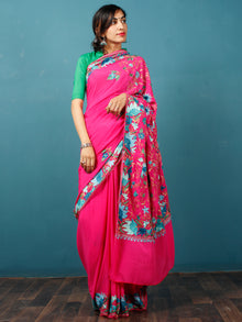 Pink Blue Green Aari Embroidered Crepe Silk Saree From Kashmir - S031703077
