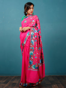 Pink Blue Green Aari Embroidered Crepe Silk Saree From Kashmir - S031703077