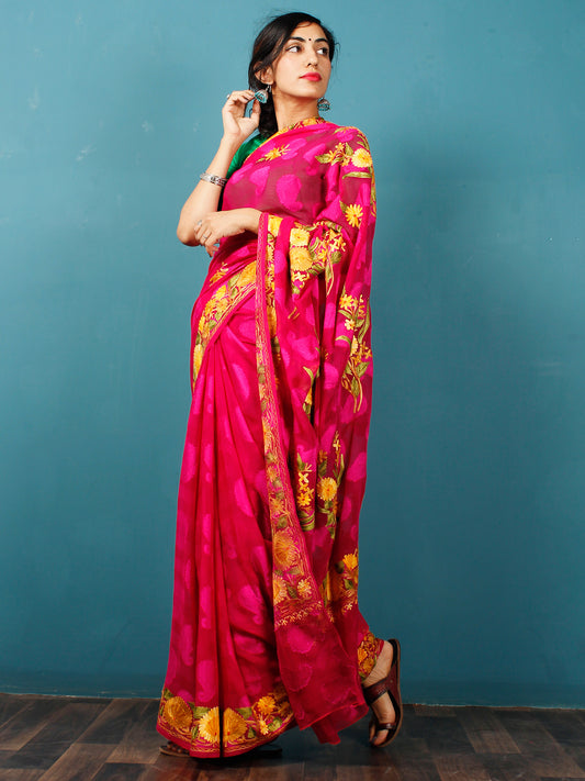 Maroon Yellow Green Aari Embroidered Chiffon Saree With Paisley Self From Kashmir - S031703078