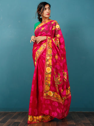Maroon Yellow Green Aari Embroidered Chiffon Saree With Paisley Self From Kashmir - S031703078