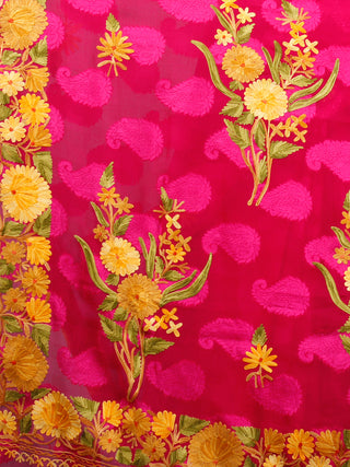 Maroon Yellow Green Aari Embroidered Chiffon Saree With Paisley Self From Kashmir - S031703078