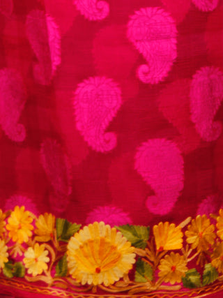 Maroon Yellow Green Aari Embroidered Chiffon Saree With Paisley Self From Kashmir - S031703078