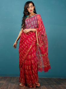 Red Yellow Hand Block Printed Chiffon Saree with Zari Border - S031702817