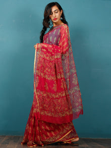 Red Yellow Hand Block Printed Chiffon Saree with Zari Border - S031702817