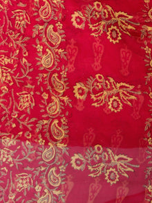 Red Yellow Hand Block Printed Chiffon Saree with Zari Border - S031702817