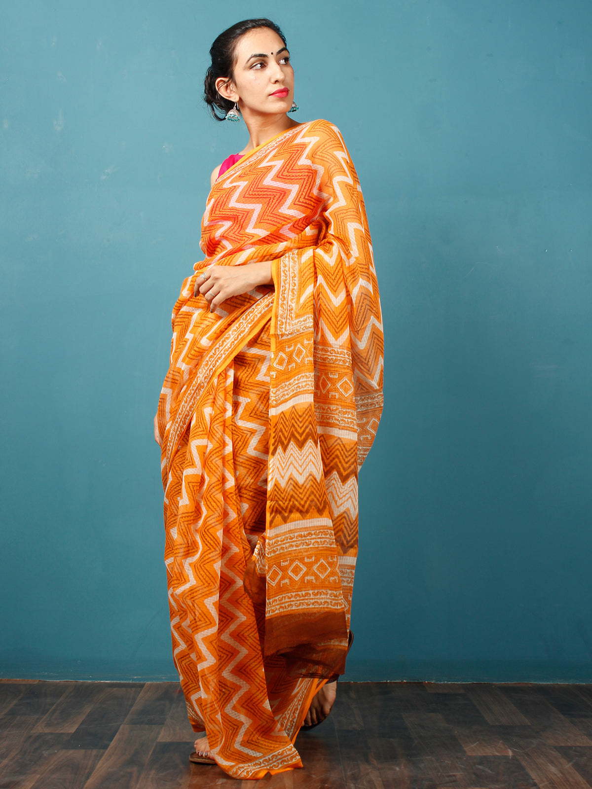 Orange Ivory Hand Block Printed Kota Doria Saree in Natural Colors - S031702836