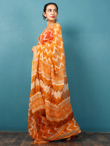 Orange Ivory Hand Block Printed Kota Doria Saree in Natural Colors - S031702836