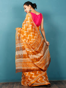 Orange Ivory Hand Block Printed Kota Doria Saree in Natural Colors - S031702836