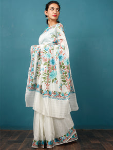 White Green Blue Rust Aari Embroidered Bhagalpuri Silk Saree From Kashmir  - S031703053