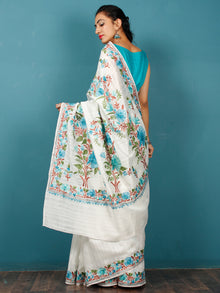 White Green Blue Rust Aari Embroidered Bhagalpuri Silk Saree From Kashmir  - S031703053