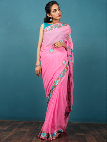 Pink Green Blue Brown Aari Embroidered Georgette Saree From Kashmir  - S031703068