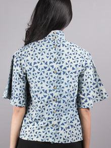 Indigo High Neck Hand Block Printed Cotton Flared Sleeves Back Buttons Top - T1137003