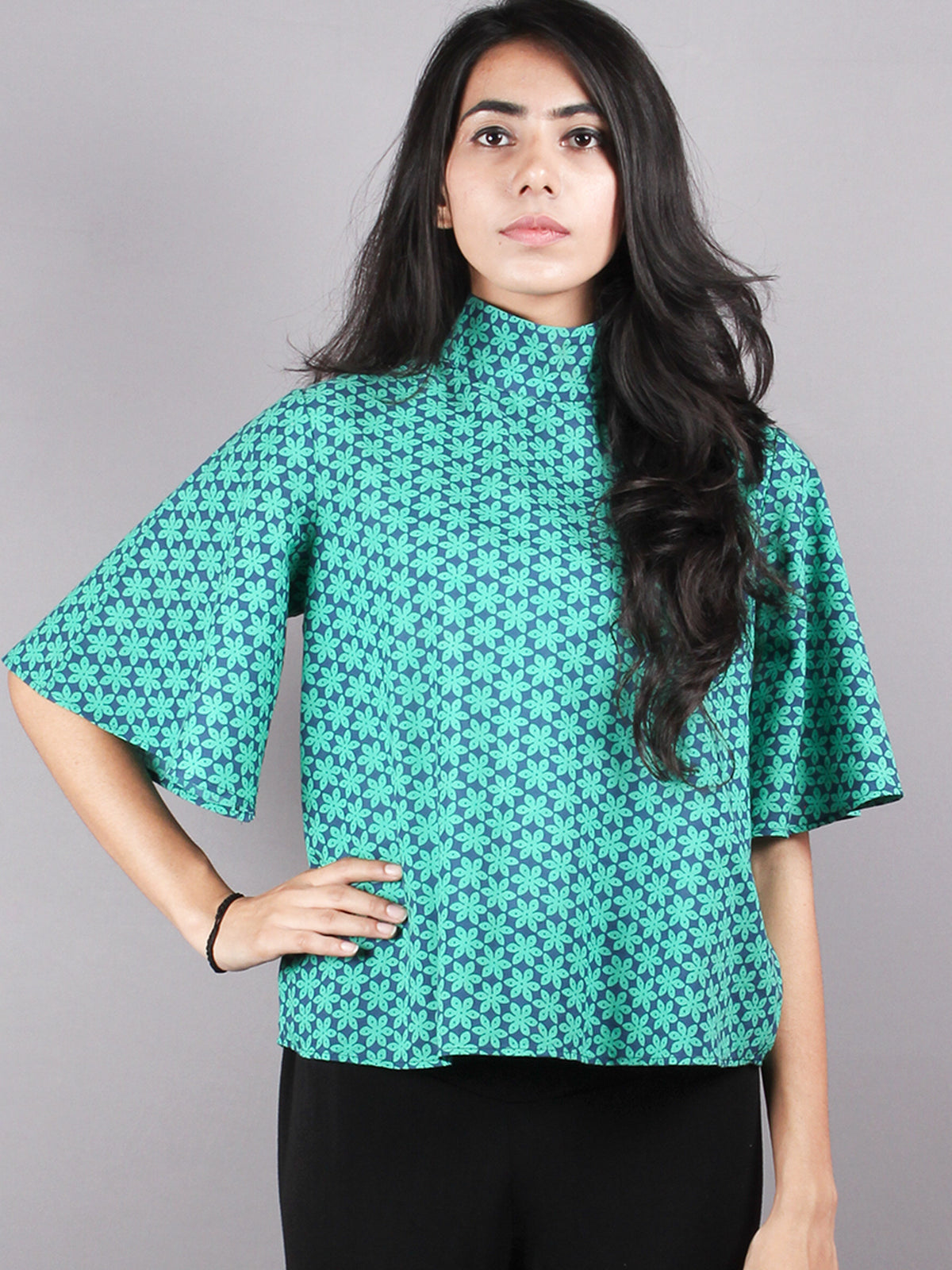 Green Blue High Neck Hand Block Printed Cotton Flared Sleeves Back Buttons Top - T1039011