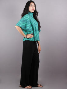 Green Blue High Neck Hand Block Printed Cotton Flared Sleeves Back Buttons Top - T1039011