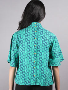 Green Blue High Neck Hand Block Printed Cotton Flared Sleeves Back Buttons Top - T1039011