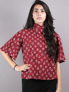 Red Beige High Neck Hand Block Printed Cotton Flared Sleeves Back Buttons Top - T1066012
