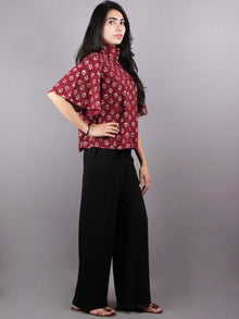 Red Beige High Neck Hand Block Printed Cotton Flared Sleeves Back Buttons Top - T1066012