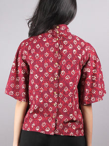Red Beige High Neck Hand Block Printed Cotton Flared Sleeves Back Buttons Top - T1066012
