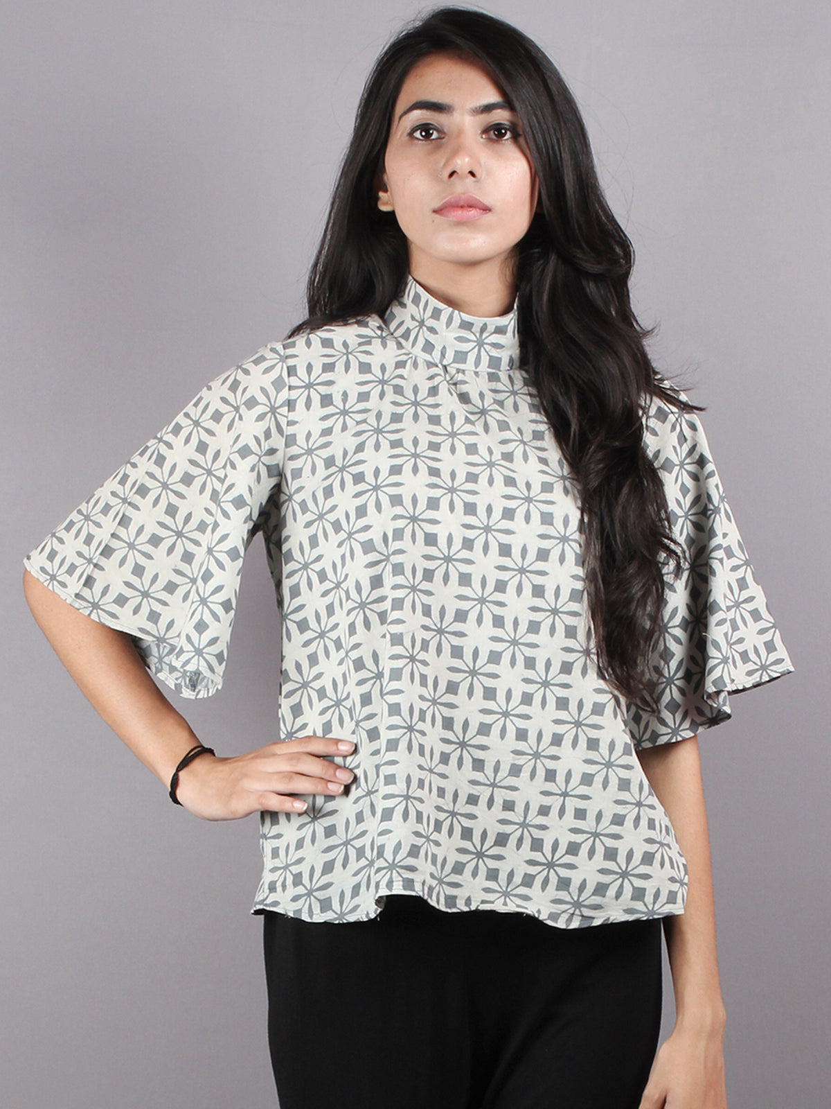 Grey White High Neck Hand Block Printed Cotton Flared Sleeves Back Buttons Top - T1074013
