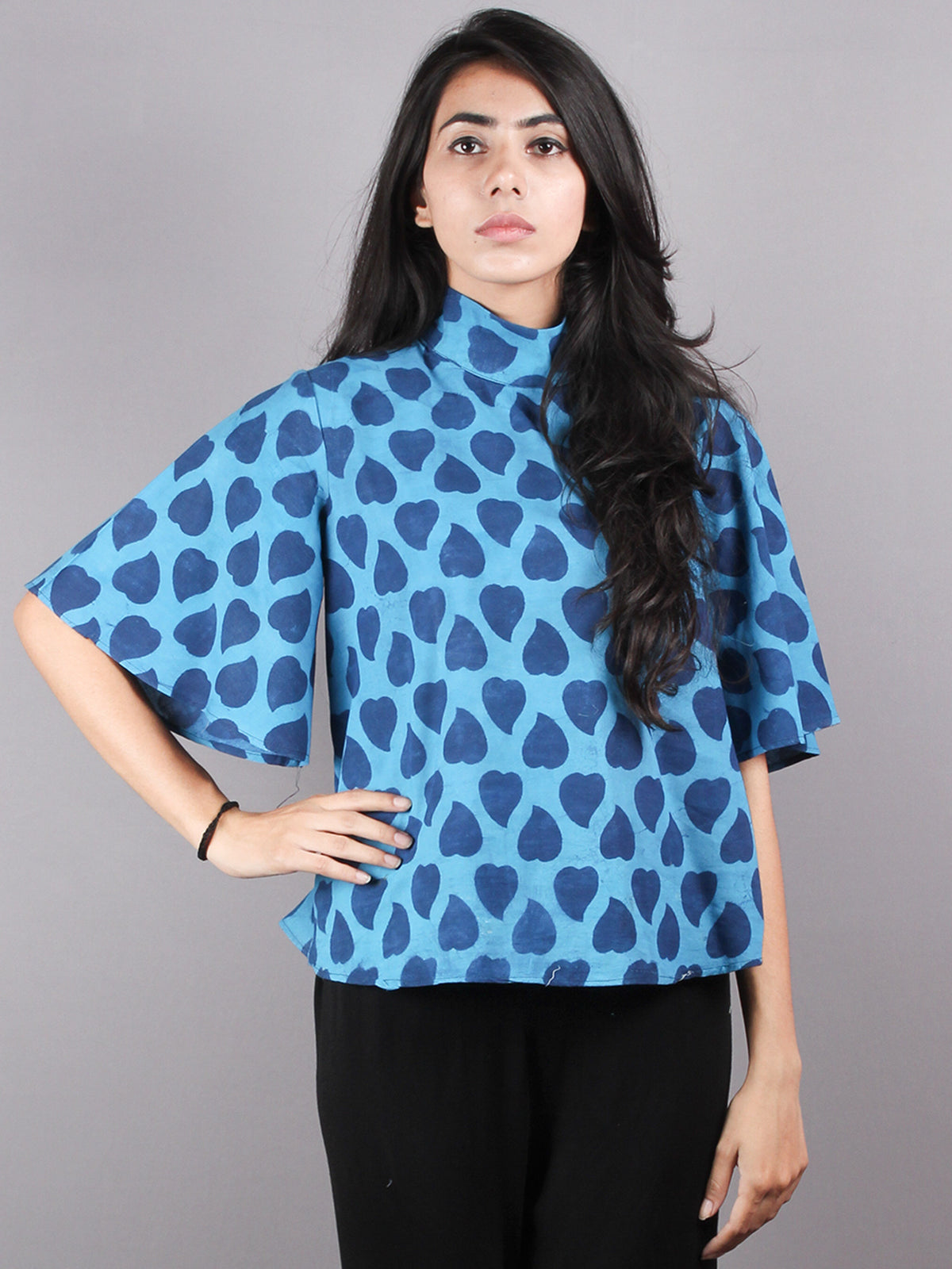 Indigo High Neck Hand Block Printed Cotton Flared Sleeves Back Buttons Top - T1157004