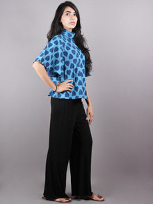 Indigo High Neck Hand Block Printed Cotton Flared Sleeves Back Buttons Top - T1157004