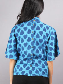 Indigo High Neck Hand Block Printed Cotton Flared Sleeves Back Buttons Top - T1157004