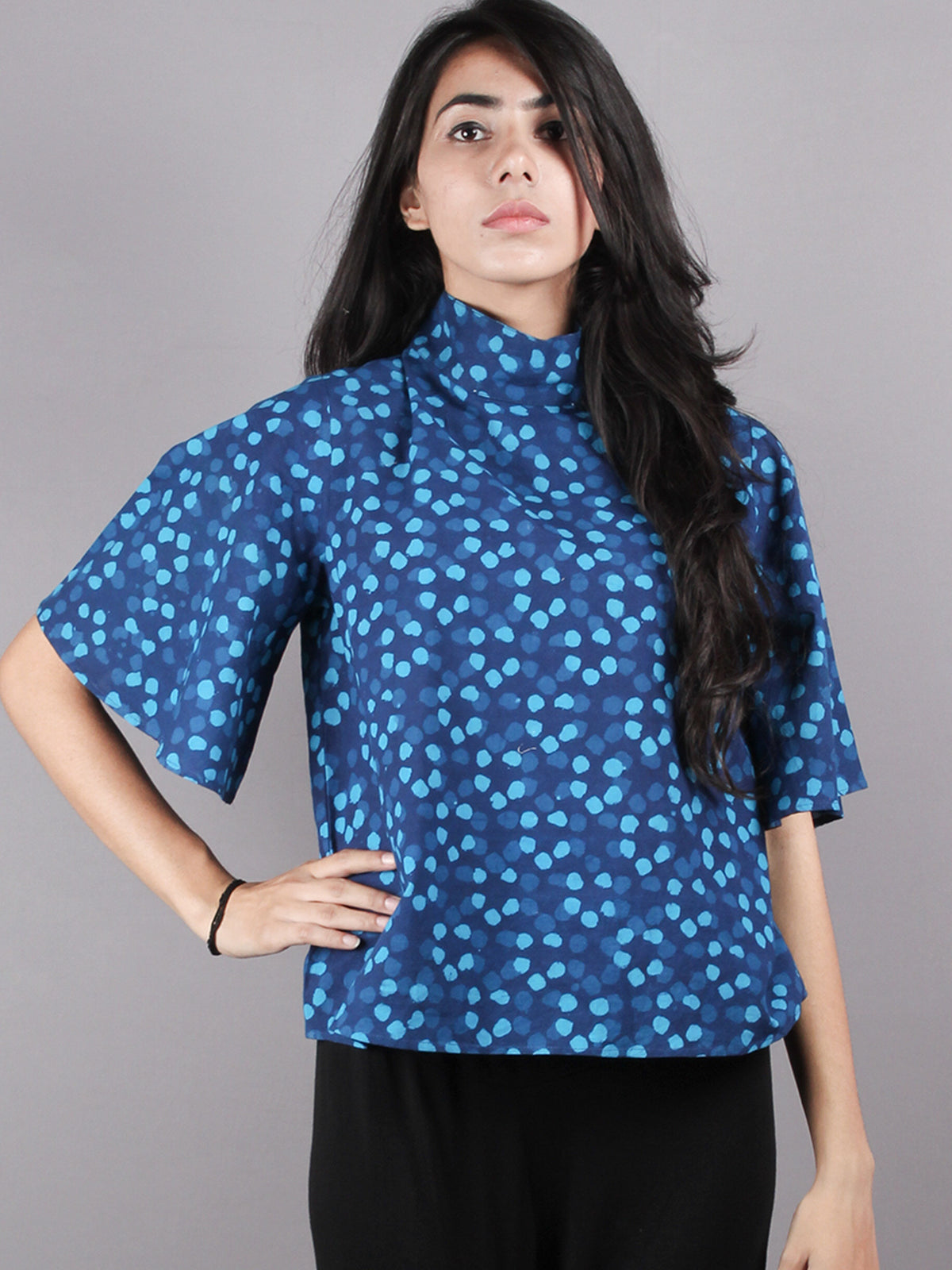 Indigo High Neck Hand Block Printed Cotton Flared Sleeves Back Buttons Top - T1086005