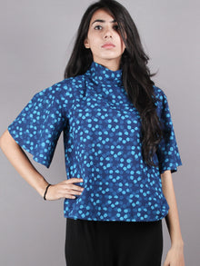 Indigo High Neck Hand Block Printed Cotton Flared Sleeves Back Buttons Top - T1086005