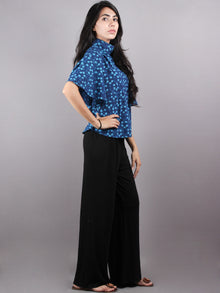 Indigo High Neck Hand Block Printed Cotton Flared Sleeves Back Buttons Top - T1086005