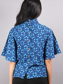Indigo High Neck Hand Block Printed Cotton Flared Sleeves Back Buttons Top - T1086005