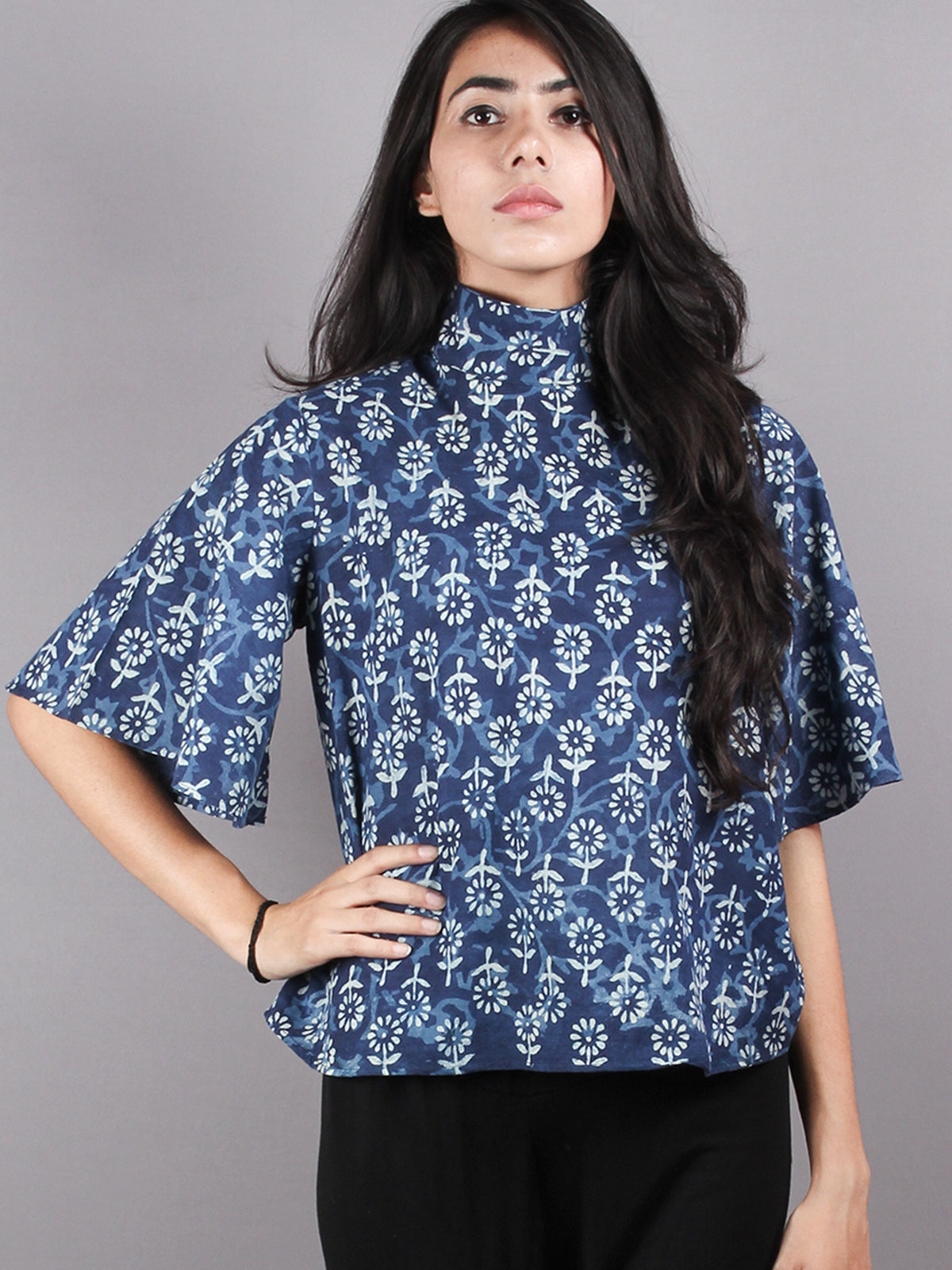 Indigo High Neck Hand Block Printed Cotton Flared Sleeves Back Buttons Top - T1004006