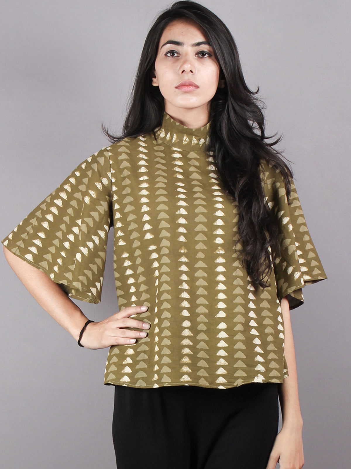 Olive Green Beige High Neck Hand Block Printed Cotton Flared Sleeves Back Buttons Top - T1141017