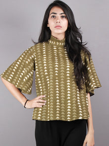 Olive Green Beige High Neck Hand Block Printed Cotton Flared Sleeves Back Buttons Top - T1141017