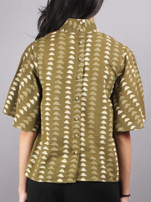 Olive Green Beige High Neck Hand Block Printed Cotton Flared Sleeves Back Buttons Top - T1141017