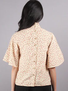 Beige Red High Neck Hand Block Printed Cotton Flared Sleeves Back Buttons Top - T1063001