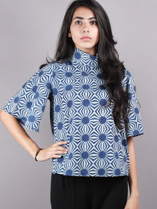 Indigo High Neck Hand Block Printed Cotton Flared Sleeves Back Buttons Top - T1080007