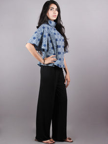 Indigo High Neck Hand Block Printed Cotton Flared Sleeves Back Buttons Top - T1080007
