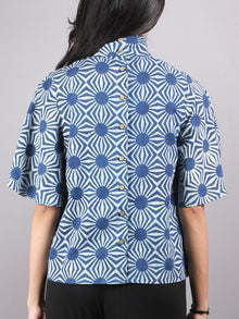 Indigo High Neck Hand Block Printed Cotton Flared Sleeves Back Buttons Top - T1080007