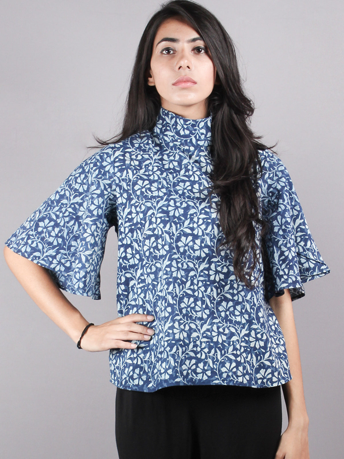 Indigo High Neck Hand Block Printed Cotton Flared Sleeves Back Buttons Top - T1008008