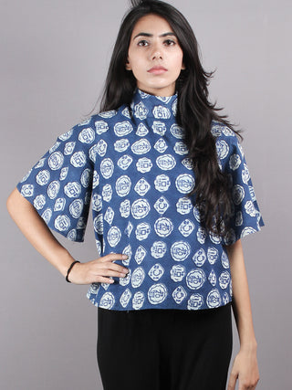 Indigo High Neck Hand Block Printed Cotton Flared Sleeves Back Buttons Top - T1164009