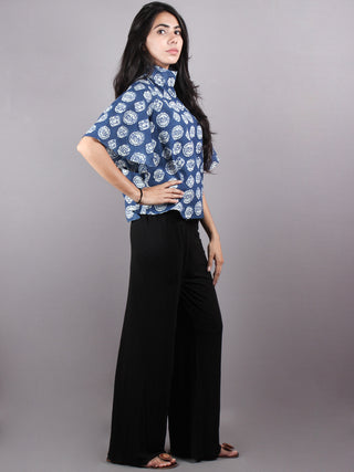 Indigo High Neck Hand Block Printed Cotton Flared Sleeves Back Buttons Top - T1164009