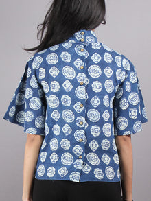 Indigo High Neck Hand Block Printed Cotton Flared Sleeves Back Buttons Top - T1164009