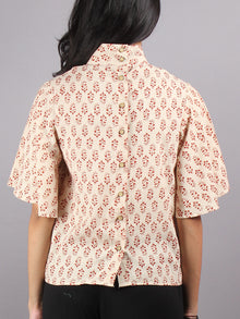Beige Red High Neck Hand Block Printed Cotton Flared Sleeves Back Buttons Top - T1064014