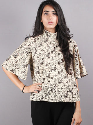 Beige Black High Neck Hand Block Printed Cotton Flared Sleeves Back Buttons Top - T1060015