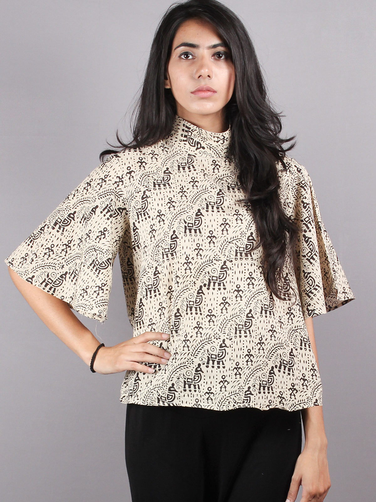 Beige Black High Neck Hand Block Printed Cotton Flared Sleeves Back Buttons Top - T1060015