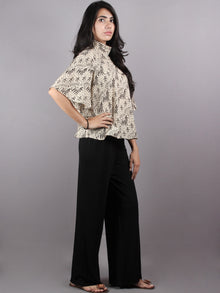 Beige Black High Neck Hand Block Printed Cotton Flared Sleeves Back Buttons Top - T1060015