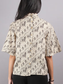 Beige Black High Neck Hand Block Printed Cotton Flared Sleeves Back Buttons Top - T1060015