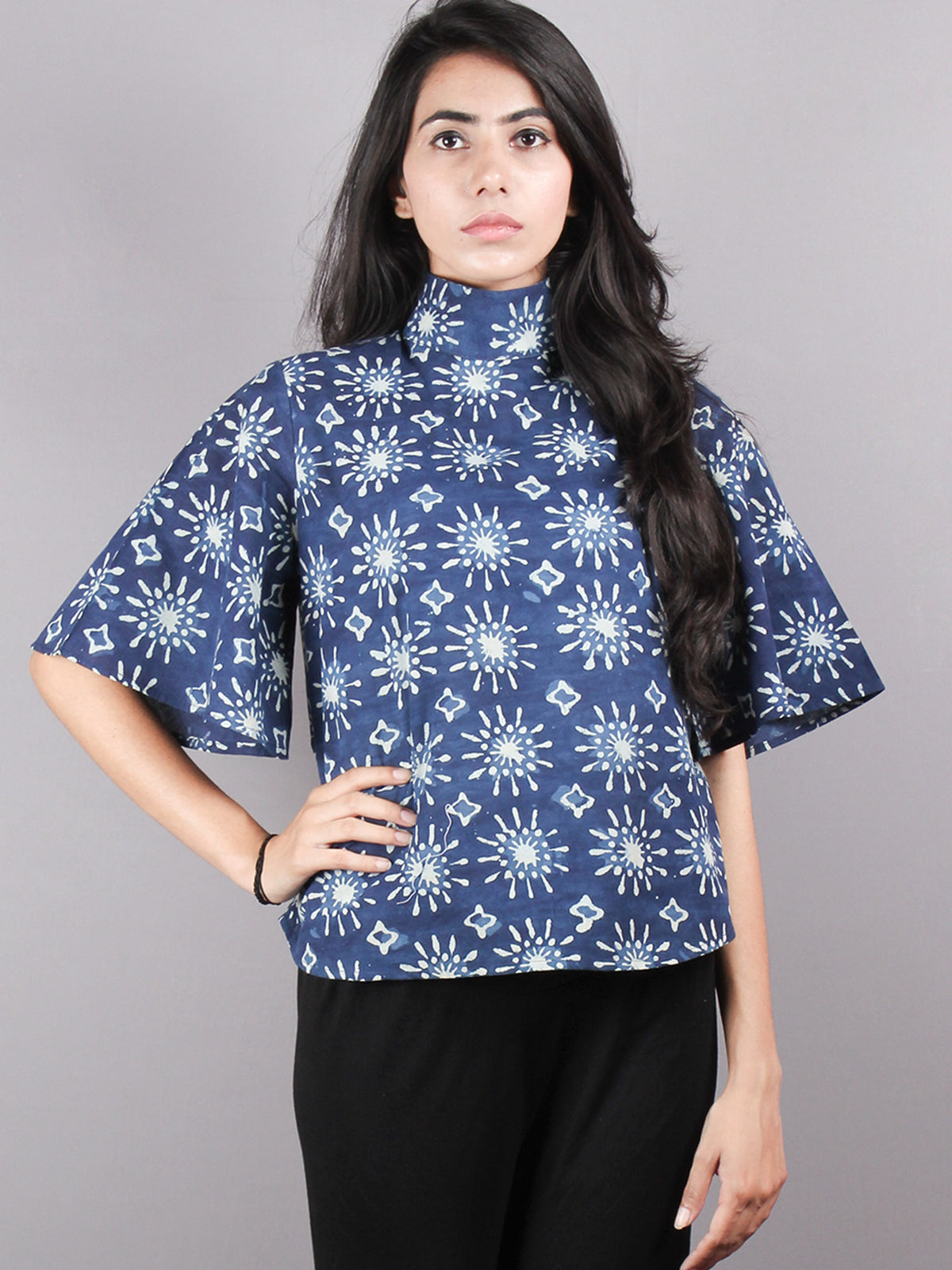 Indigo High Neck Hand Block Printed Cotton Flared Sleeves Back Buttons Top - T1026002