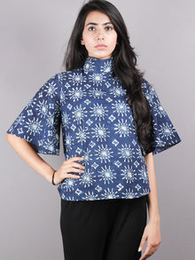 Indigo High Neck Hand Block Printed Cotton Flared Sleeves Back Buttons Top - T1026002