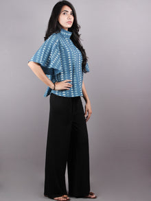 Indigo High Neck Hand Block Printed Cotton Flared Sleeves Back Buttons Top - T1142010